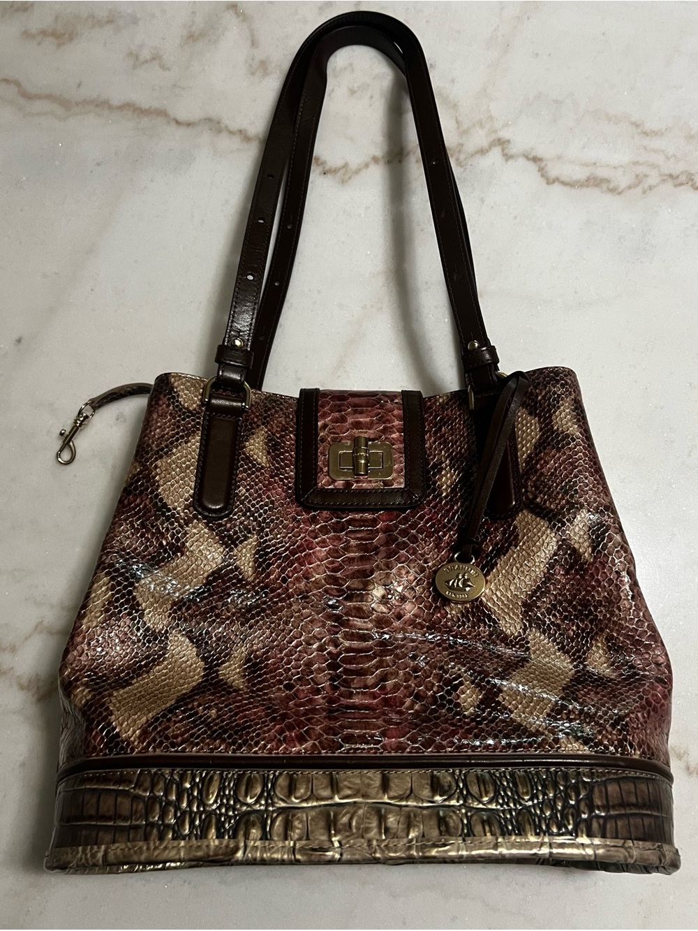 Brahmin Fiora Brindle Potomac Bucket Leather Tote Multi Color Snake Print